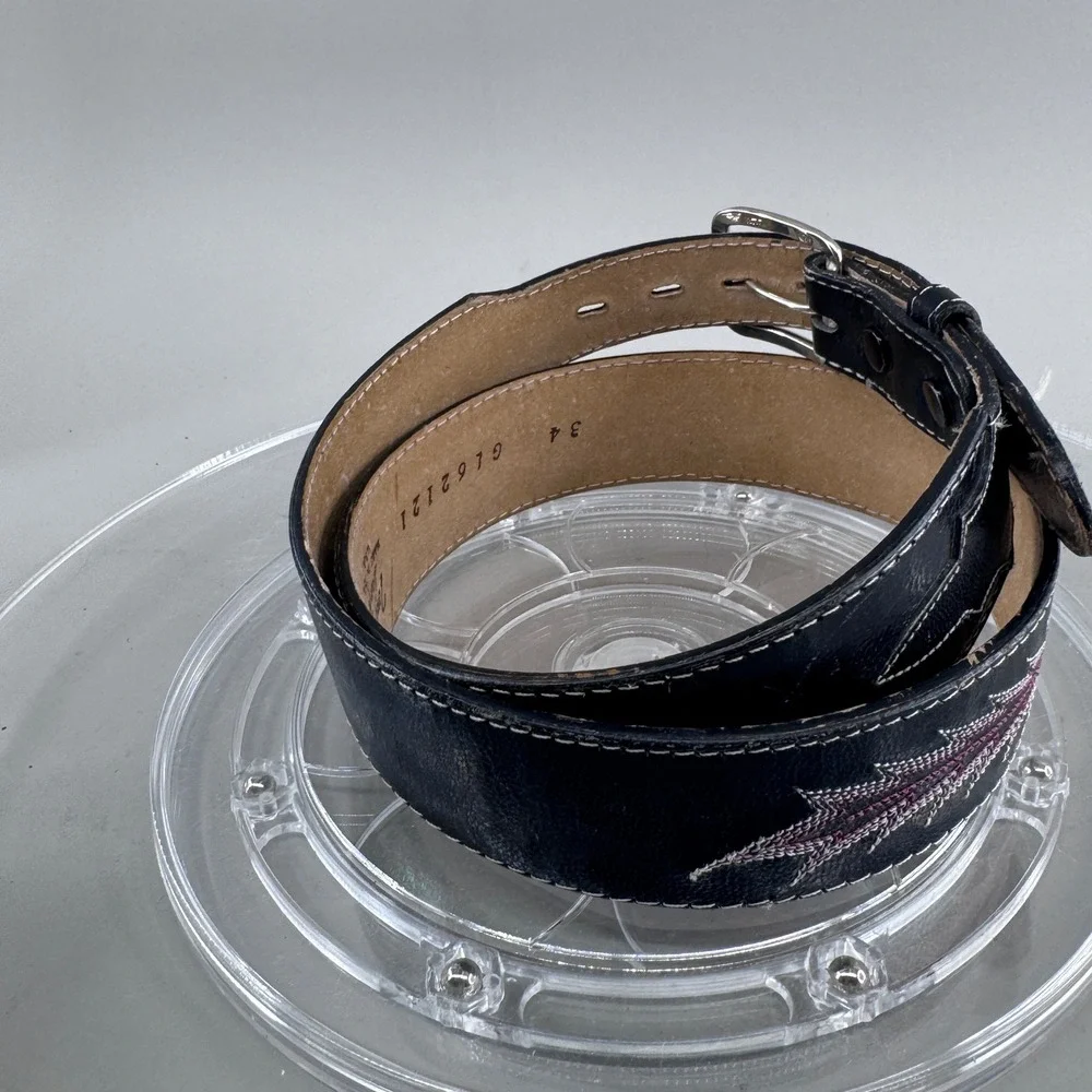 Tony Lama Mens Western Leather Belt Stitched Black Purple Made in USA Size 34